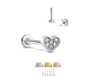 Acier Chirurgical 316L, Jaune ou Or Rose Style Labret Anneau de Nez Stud Sans Filetage Punaise Post Grand Coeur 20G, 18G, 16G