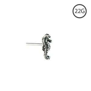 925 Sterling Silver Nose Bone Straight LBend Ring Seahorse 22G. FREE Backing.