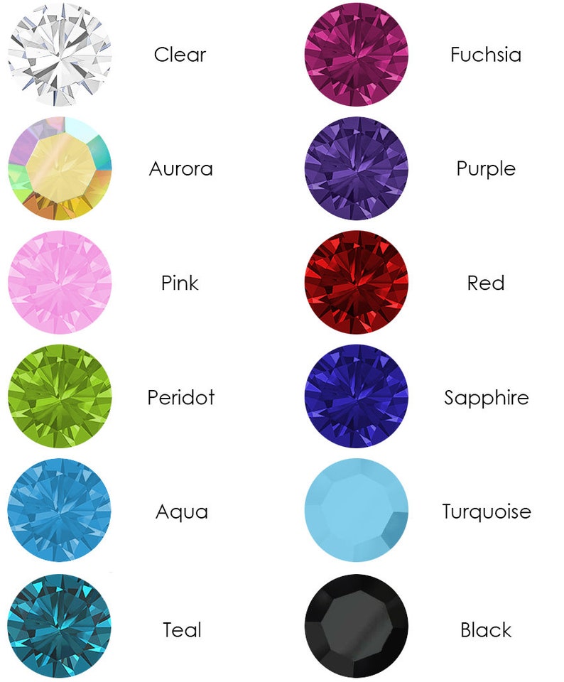Pu&ograve; includere: Un grafico che mostra 12 colori diversi di strass. I colori sono: trasparente, aurora, rosa, peridoto, acqua, verde acqua, fucsia, viola, rosso, zaffiro, turchese e nero.