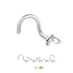 14K Yellow Gold or White Gold Nose Ring, Stud, Screw, L Shape or Nose Bone. Dolphin. Choose Your Gauge 22G 20G 18G. Backing Included.