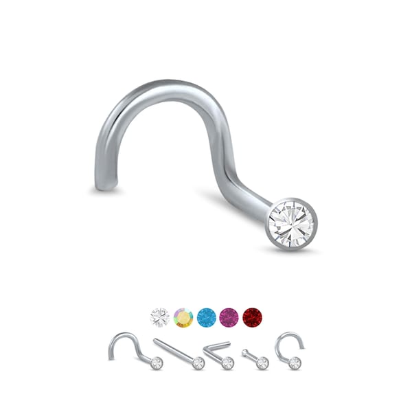 316L Surgical Steel Nose Ring, Stud, Screw or L Bend, 2mm Round Bezel. Choose Your Color Style and Gauge 18G, 20G, 22G. Backing Included.