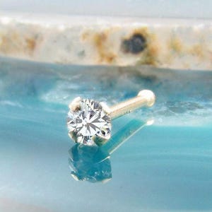 14K Solid White Gold or Yellow Gold Nose Bone, Nose Ring Clear CZ, Standard, 1.5mm, 2mm, 2.5mm, 3mm, 3.5mm CZ. Short, or Long Post length