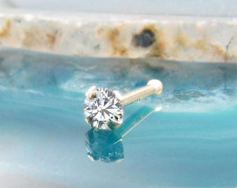 14K Solid White Gold or Yellow Gold Nose Bone, Nose Ring Clear CZ, Standard, 1.5mm, 2mm, 2.5mm, 3mm, 3.5mm CZ. Short, or Long Post length