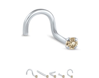 24K Solid White, Yellow, Rose Gold Straight Nose Stud 1.5mm, 2mm, 2.5mm, 3mm Genuine Champagne Diamond. 22G, 20G, 18G