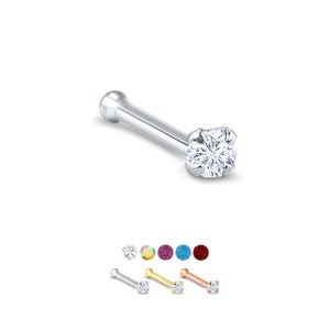 May include: A silver nose ring with a clear round gemstone. The ring is shown with a variety of gemstone colors, including clear, yellow, pink, blue, and red.