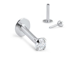 14K Solid White Gold Labret Style Nose Ring Monroe Stud Threadless Push Pin Post 1.5mm, 2mm, 2.5mm, 3mm Clear CZ 20G 18G 16G