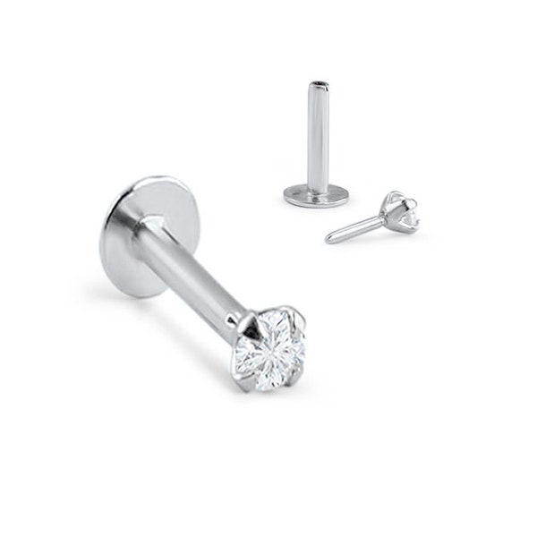 Anneau de nez de style labret en or blanc massif 14 carats Monroe Stud, tige filetée avec punaises 1,5 mm, 2 mm, 2,5 mm, 3 mm CZ transparent 20G 18G 16G