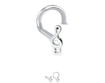 925 Sterling Silver Nose Screw, LBend, Nose Bone Ring Treble Clef Music Note 22G. FREE Backing.