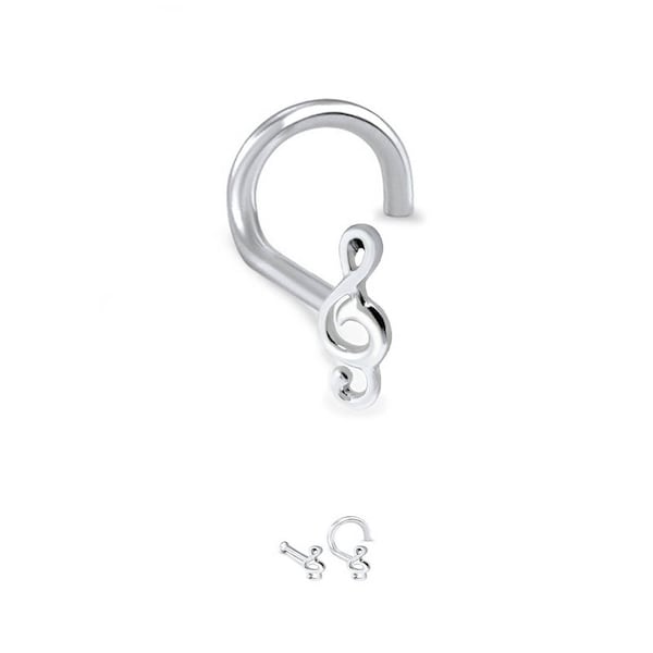 925 Sterling Silver Nose Screw, LBend, Nose Bone Ring Treble Clef Music Note 22G. FREE Backing.