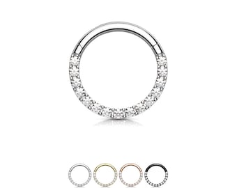 316L Surgical Steel, Gold, Rose Gold, Black Septum Clicker Ear Cartilage Helix Daith Hoop Nose Ring Hinged 15 CZ Stone 5/16", 3/8" 18G