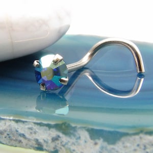 14K, 18K, 24K, Solid Yellow Gold, White Gold or Rose Gold Nose Ring Screw Stud Bone or L Bend, Sapphire Aurora AB. Choose Your Gauge & Size.