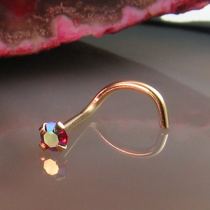 14K, 18K, 24K, Solid Rose Gold, Yellow Gold, White Gold or Platinum Nose Ring Screw Stud Bone L Bend, Siam Red Aurora AB. 1.5mm, 2mm, 2.5mm+