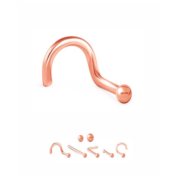 14K Solid Rose Gold Nose Ring, Stud, Screw, or L Bend. 1.5mm, 2mm Ball. Choose Your Style 18G, 20G, 22G. Nose Ring Backing Included.