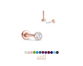 316 Stainless Steel, Rose Gold Plated Labret Nose Ring Monroe Stud Threadless Push Pin 1.5mm CZ. 5mm 6mm 7mm 8mm 9mm 10mm Posts. 20G 18G