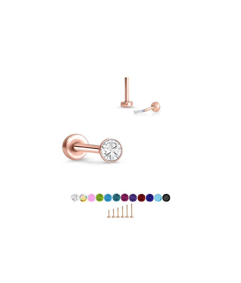 5mm 6mm 7mm 8mm 9mm 10mm Posts 20G 18G 16G Rose Gold Plated Labret Nose Ring Monroe Stud Threadless Push Pin 1.5mm CZ 316 Stainless Steel