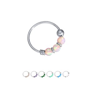 10KT White Gold Nose Ring Hoop Fixed Faux Opal Beads 5/16" 22G