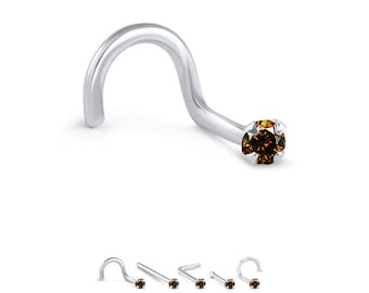 24K Solid White, Yellow, Rose Gold Straight Nose Stud 1.5mm, 2mm, 2.5mm, 3mm Genuine Chocolate Cognac Diamond. 22G, 20G, 18G