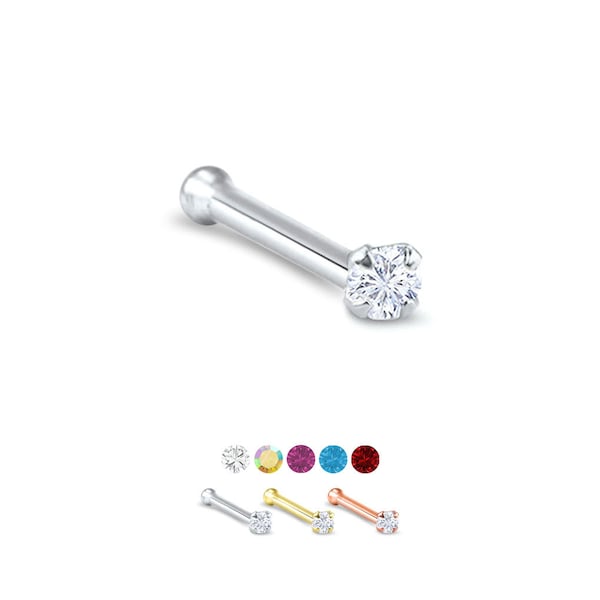 14K Solid White, Yellow or Rose Gold Nose Bone Stud 1.5mm Round CZ. Short, Standard or Long Post Length. Choose Your Color 18G, 20G, 22G