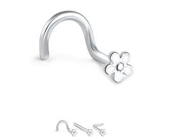 316L Surgical Steel Nose Ring, Stud, Screw, L Bend or Nose Bone, White Plumeria Petal Flower. Choose Your Style, 20G.