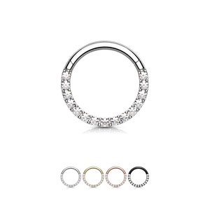316L Surgical Steel, Gold, Rose Gold, Black Septum Clicker Ear Cartilage Helix Daith Hoop Nose Ring Hinged 15 CZ Stone 1/4", 5/16", 3/8" 16G