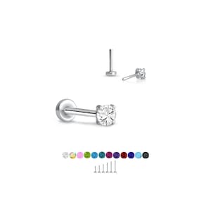 Anneau de nez de style labret en acier inoxydable 316 Monroe Stud Push Pin sans fil 2 mm CZ. 5mm 6mm 7mm 8mm 9mm 10mm Longueurs de poteau 20G 18G 16G image 1