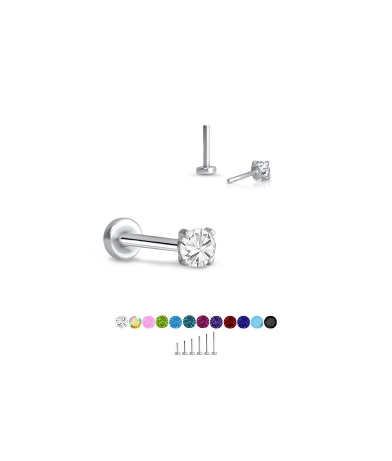 Anneau de nez de style labret en acier inoxydable 316 Monroe Stud Push Pin sans fil 2 mm CZ. 5mm 6mm 7mm 8mm 9mm 10mm Longueurs de poteau 20G 18G 16G image 1