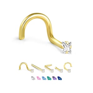 14K, 18K, 24K Yellow Gold Nose Ring, Screw, L Bend Stud, Bone. 1.5mm Square. Choose Your Gauge 22G 20G 18G & Style. Backing Included