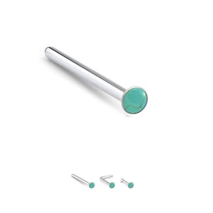 Peut inclure: Un ensemble de trois anneaux de nez turquoise. Les anneaux sont en acier chirurgical et ont une petite pierre turquoise à l'extrémité. Les anneaux sont disponibles en trois tailles différentes.