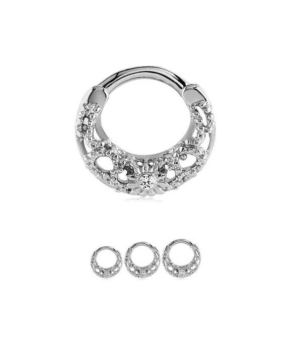 Rose Gold Plated White Clear 5 Prong Set CZ Round Septum Ring Curved 316L Surgical Steel Bar Clicker Rose Gold Plated White Clear 5 Prong Set CZ Round Septum Ring Curved 316L Surgical Steel Bar Clicker
