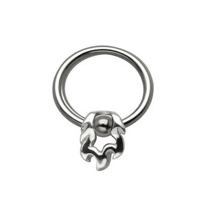 May include: A silver circular ring with a decorative, flame-shaped charm attached to the bottom. The charm has a small ball in the center.