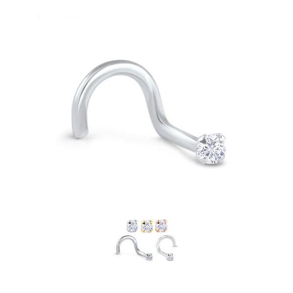 10KT White, Yellow, Rose Gold Nose Stud Nostril Screw Ring 1.5mm, 2mm or 2.5mm Clear CZ 20G. FREE Backing.