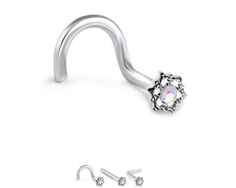316L Surgical Steel Nose Ring, Stud, Screw, L Bend or Nose Bone, Illuminating Mandala Flower. Choose Your Style, 20G.