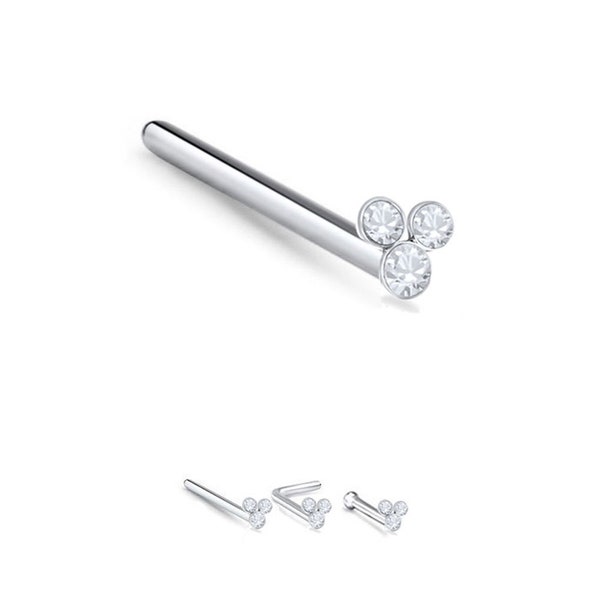 925 Sterling Silver Nose Stud Straight, LBend, Nose Bone Ring Triple Clear Gem 22G. FREE Backing.