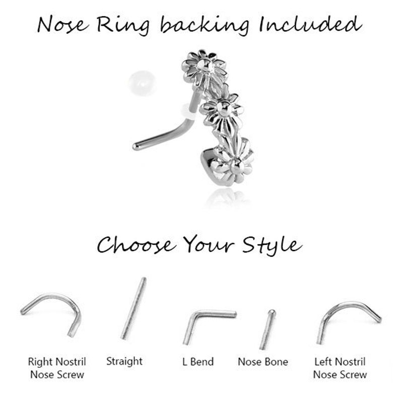 925 Sterling Silver Nose Hugger\u00ae L Bend Straight Stud Nose Screw Nose Ring L Shape Flower Design- Choose Your Style /& Gauge.