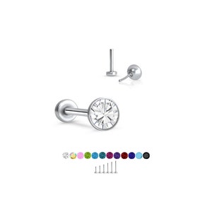 316 Stainless Steel Labret Style Nose Ring Monroe Stud Threadless Push Pin 3mm Glued CZ.  5mm 6mm 7mm 8mm 9mm 10mm Post Length 20G 18G 16G