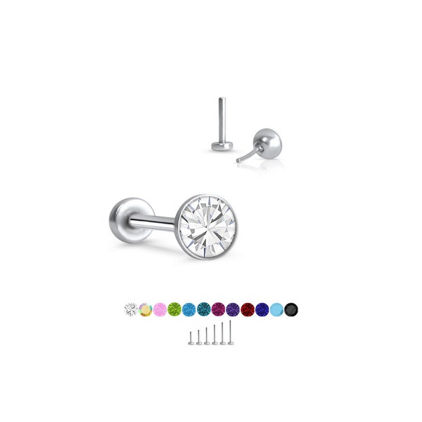 316 Stainless Steel Labret Style Nose Ring Monroe Stud Threadless Push Pin 3mm Glued CZ.  5mm 6mm 7mm 8mm 9mm 10mm Post Length 20G 18G 16G
