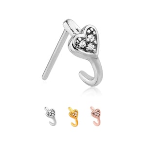 316L Surgical Steel, Gold or Rose Gold, Nose Hugger® Nose Ring Straight L Bend Screw Heart CZ. Choose Your Style, Color & Gauge FREE Backing