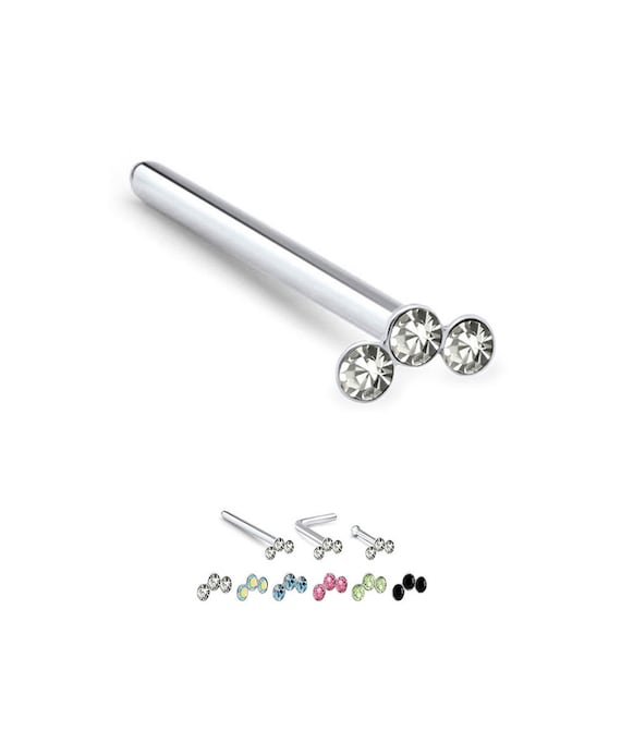 925 Sterling Silver Nose Ring Triple Stone 22G
