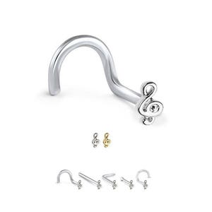 May include: Silver nose ring with a treble clef design. The ring is shown in different colors, including gold.