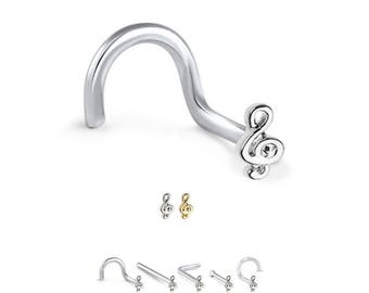 316L Surgical Steel or Gold Plated, Nose Ring, Stud, Screw, L Bend or Nose Bone, Music Note. Choose Your Color & Style, 20G.