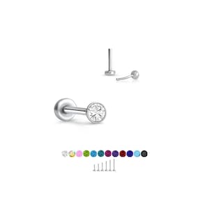 316 Stainless Steel Labret Style Nose Ring Monroe Stud Threadless Push Pin 1.5mm Glued CZ.  5mm 6mm 7mm 8mm 9mm 10mm Post Length 20G 18G