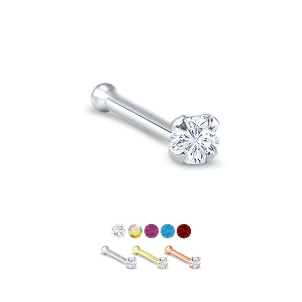 14K Solid White, Yellow or Rose Gold Nose Bone Stud 3.5mm Round CZ. Short, Standard or Long Post Length. Choose Your Color 18G, 20G, 22G