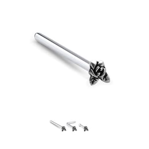 925 Sterling Silver Nose Stud Straight, LBend, Nose Bone Ring Rose Flower 22G. FREE Backing.