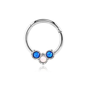 316L Surgical Steel Septum Clicker Ear Cartilage Helix Daith Hoop Nose Ring Hinged 3/8&quot; Faux Blue Opal 16G
