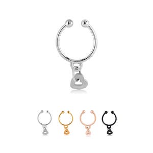 316L Surgical Steel Fake Septum Faux Nose Ring Non Pierced Clip On Hoop Heart, Black, Gold, Rose Gold Plated or Steel 3/8&quot;