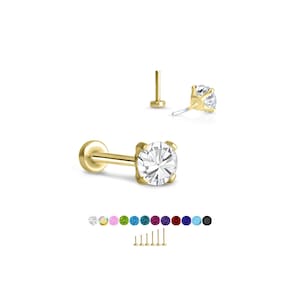316 Stainless Steel Yellow Gold Plated Labret Nose Ring Monroe Stud Threadless Push Pin 4mm CZ. 5mm 6mm 7mm 8mm 9mm 10mm Posts 20G 18G 16G