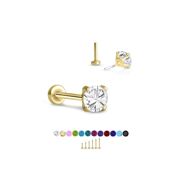316 Stainless Steel Yellow Gold Plated Labret Nose Ring Monroe Stud Threadless Push Pin 4mm CZ. 5mm 6mm 7mm 8mm 9mm 10mm Posts 20G 18G 16G