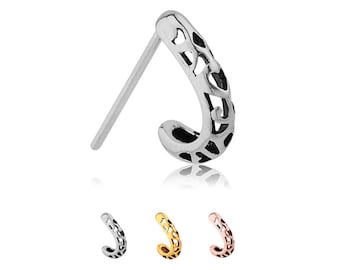 316L Surgical Steel, Gold or Rose Gold, Nose Hugger® Nose Ring Stud Straight, L Bend, Screw Tribal Design. Choose Your Style, Color & Gauge.