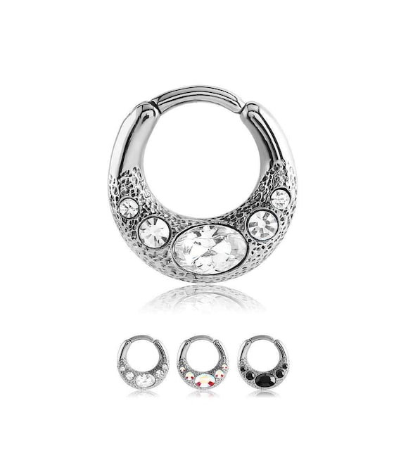 316L Surgical Steel Septum Clicker Ear Cartilage Helix Daith Hoop Nose Ring Hinged 1/4", 5/16", 3/8" Clear, Aurora AB or Black CZ 14G, 16G