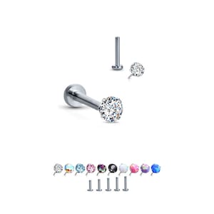 Titanium Labret Style Nose Ring Monroe Stud Threadless Push Pin 4mm Prong set CZ. 4mm, 5mm 6mm 7mm 8mm 9mm 10mm Post Lengths 20G 18G 16G